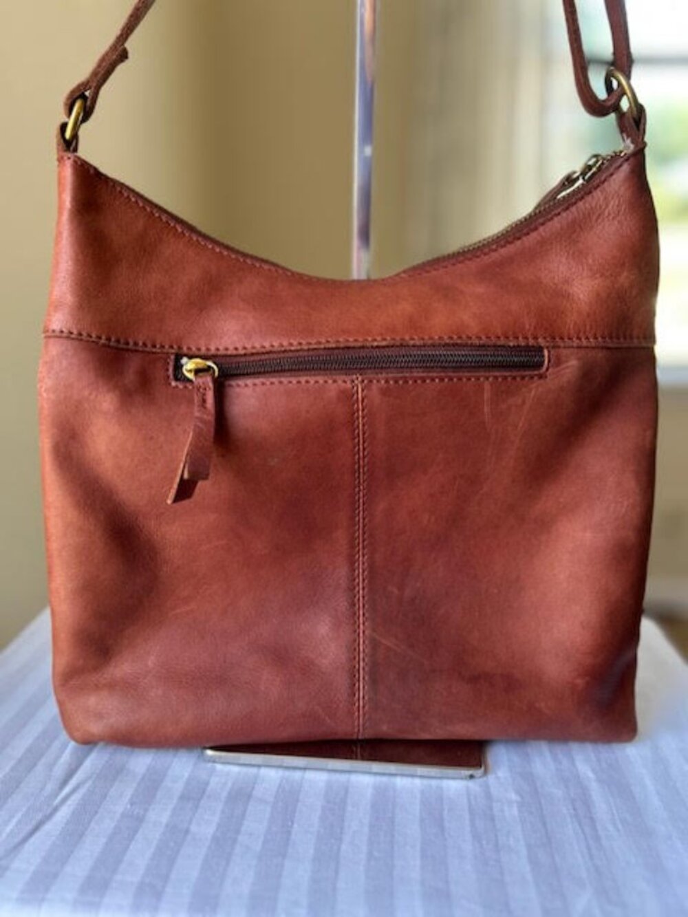 Margot New York Brandy Brown Leather Crossbody Hobo Bag - Picture 9 of 15